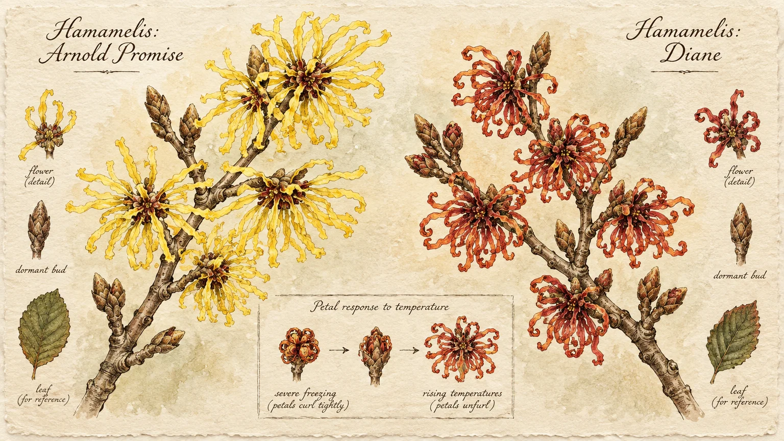 Botanical illustration of Hamamelis Arnold Promise with yellow petals and Hamamelis Diane with copper-red flowers on branches.