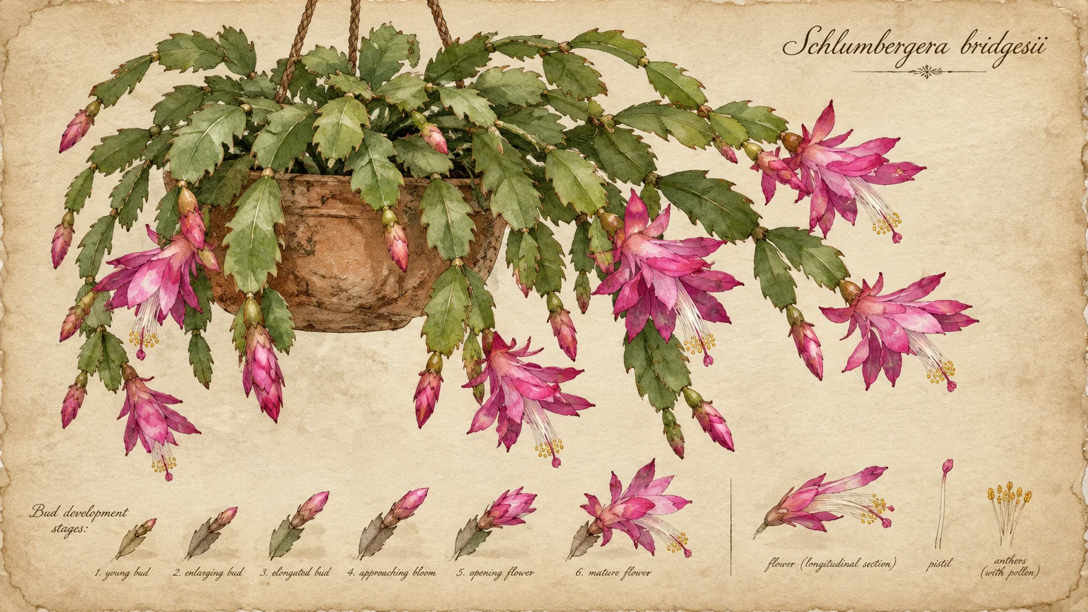 Botanical illustration of a blooming Christmas cactus in a hanging pot, with bud development stages and flower anatomy.