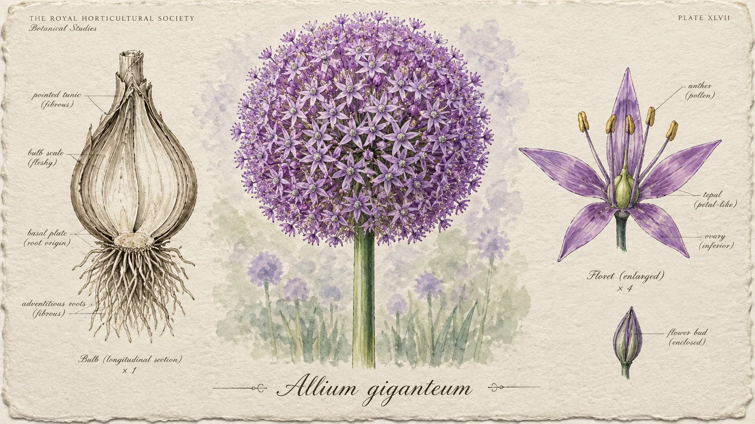 Botanical illustration of Allium giganteum showing a bulb cross-section, spherical purple flower head, and floret diagram.