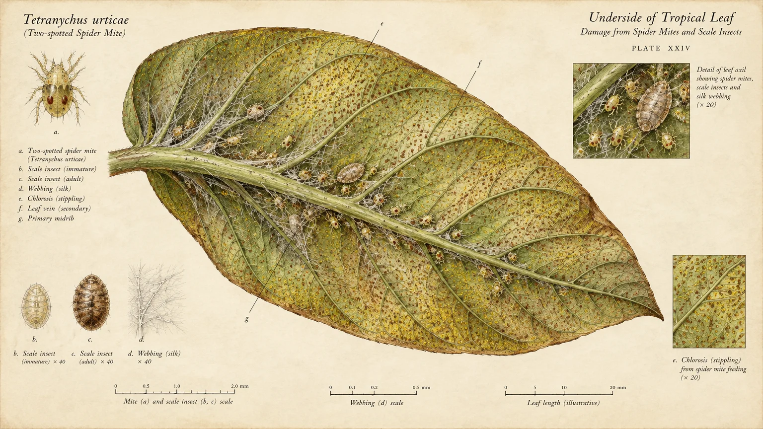 Botanical illustration plate showing the underside of a leaf covered with spider mites, scale insects, webbing, and stippling.