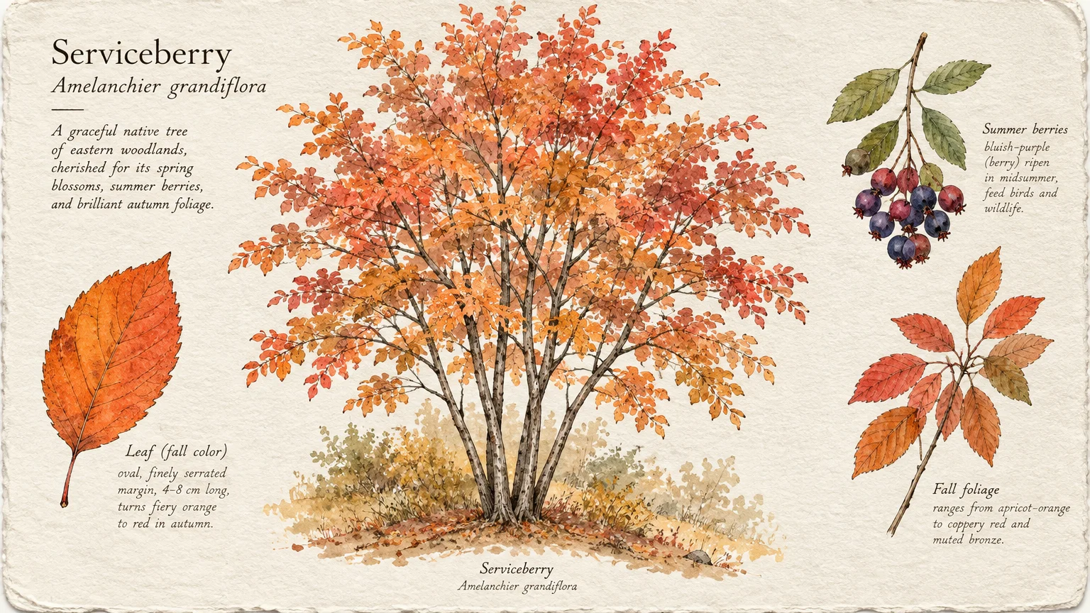 Botanical watercolor illustration of a serviceberry tree in fall foliage with detailed studies of leaves and purple berries.