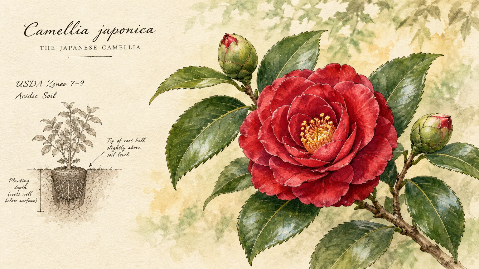 Red camellia blossom with glossy green leaves, flower buds, and an illustrated planting depth root diagram.
