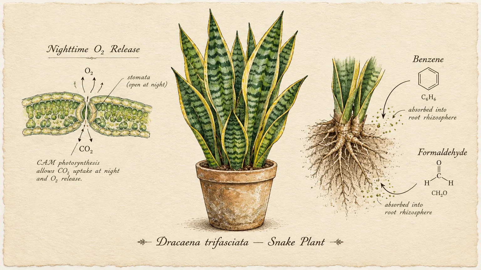 Botanical illustration of a potted snake plant, leaf stomata releasing oxygen, and exposed roots absorbing benzene.