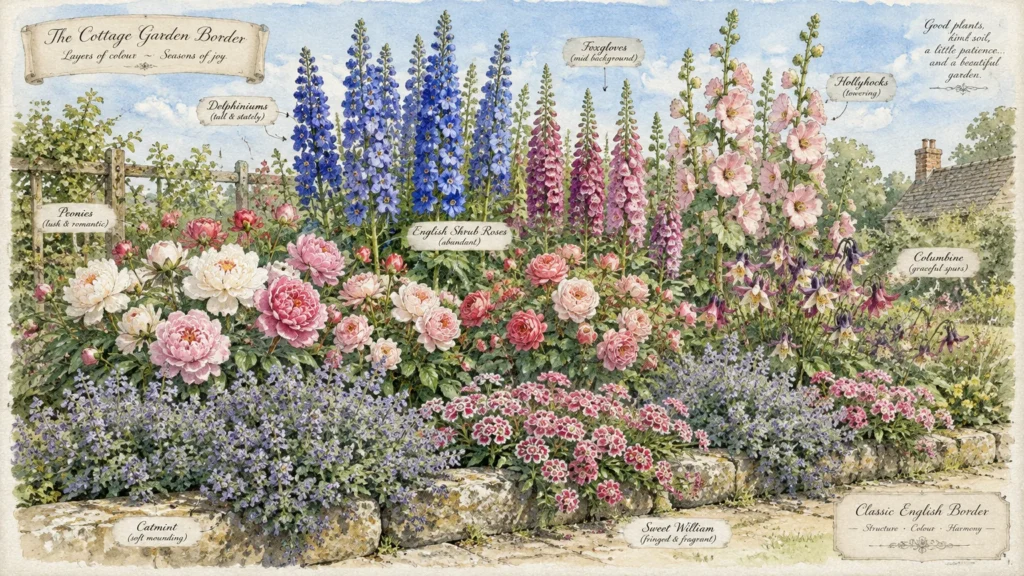 Watercolor diagram of a layered English cottage garden border with labeled flowers like delphiniums, roses, and peonies.