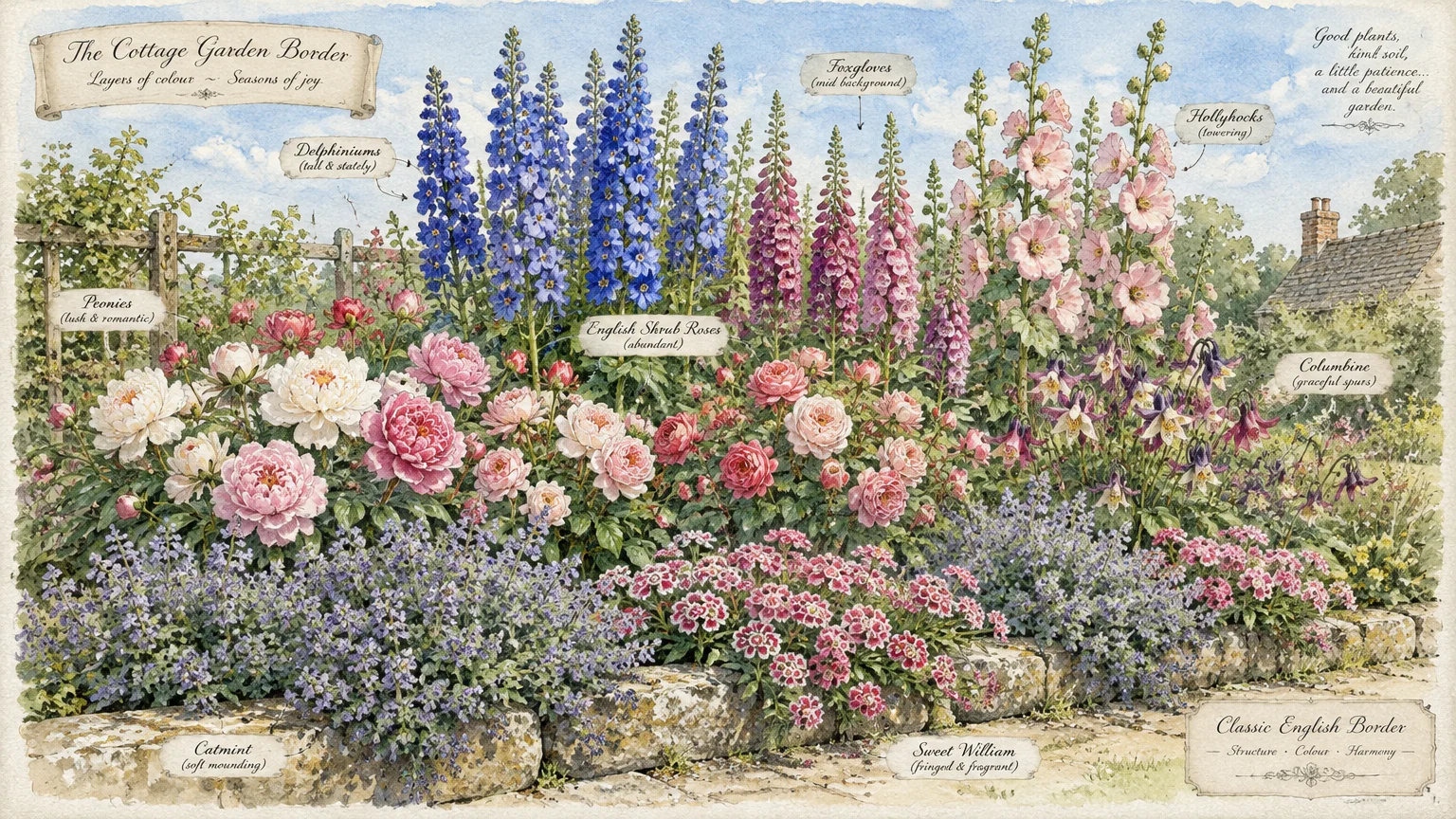 Watercolor diagram of a layered English cottage garden border with labeled flowers like delphiniums, roses, and peonies.