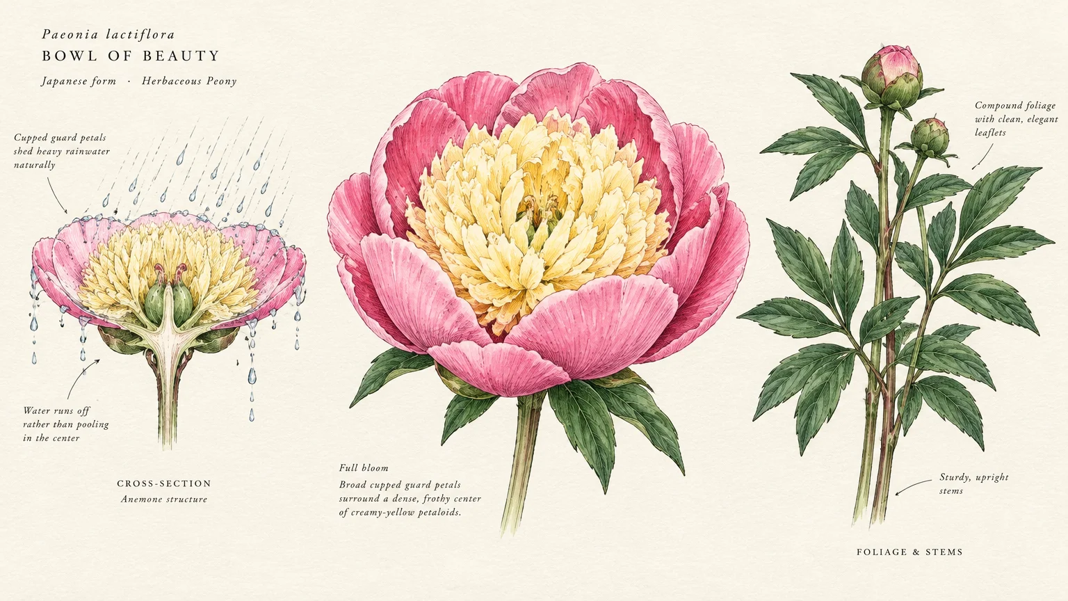 Botanical illustration of a Bowl of Beauty peony showing a cross-section in rain, a full bloom, and leafy stems.