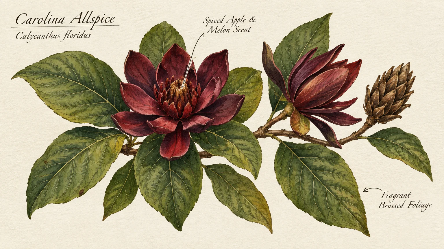 Botanical illustration of a Carolina allspice branch with maroon flowers, green leaves, and a seed pod, featuring text labels.