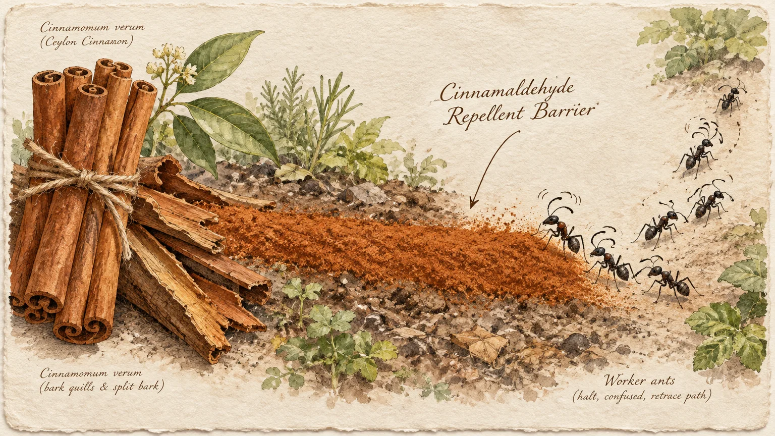 Botanical illustration of cinnamon bark, powdered spice along garden soil, and ants turning away from the barrier.