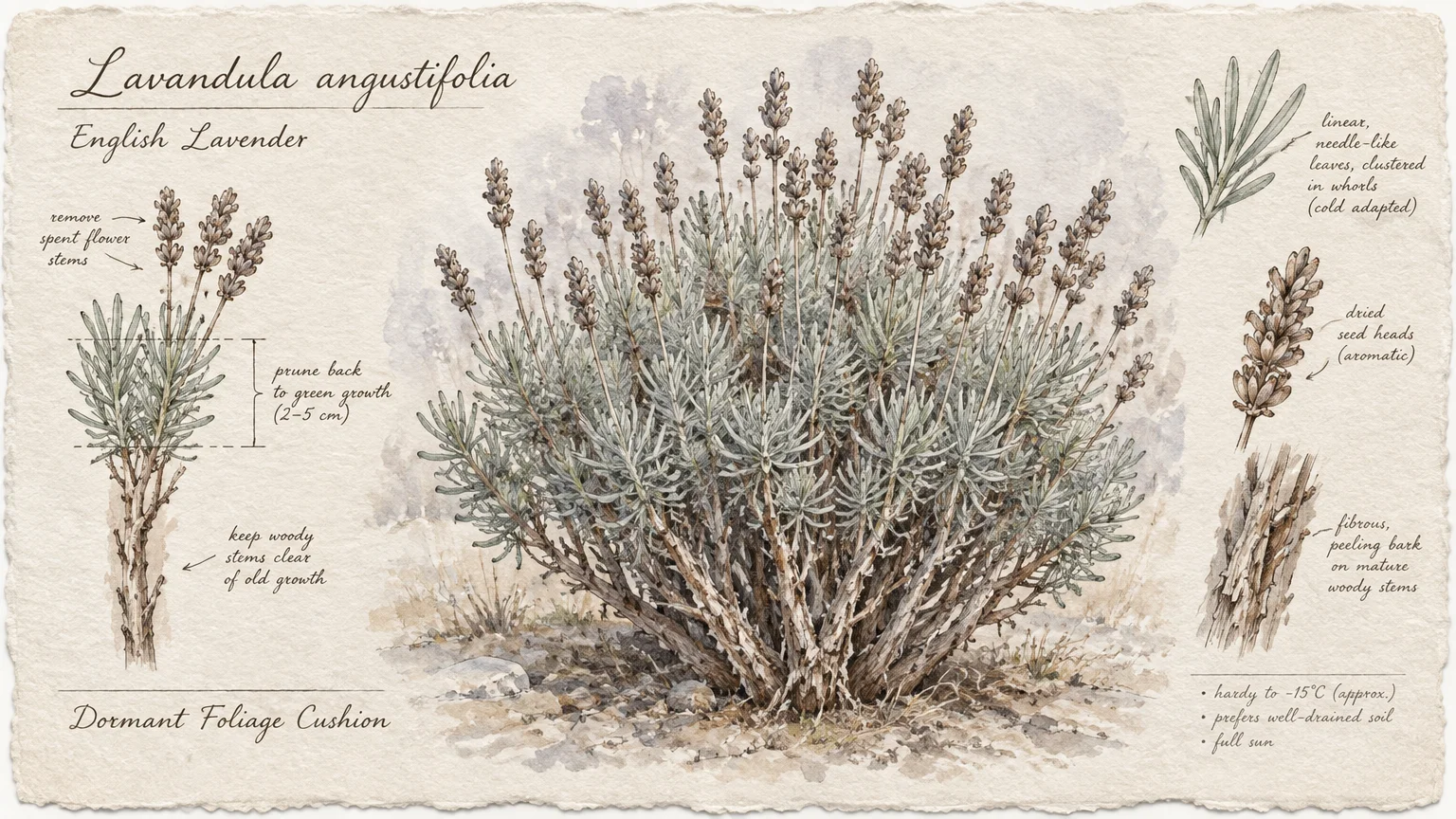 Botanical watercolor diagram of English lavender showing dormant winter foliage, pruning guides, dried seed heads, and bark.