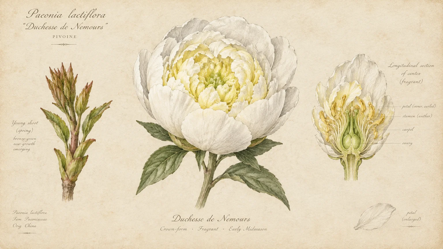 Botanical illustration of Duchesse de Nemours peony flower, emerging young shoot, and botanical cross-section diagram.
