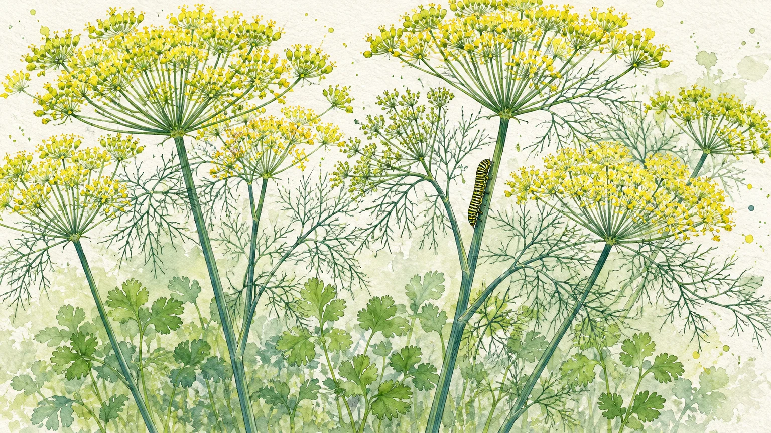 Watercolor illustration of dill plants with yellow umbels and feathery foliage growing over cilantro leaves with a caterpillar.