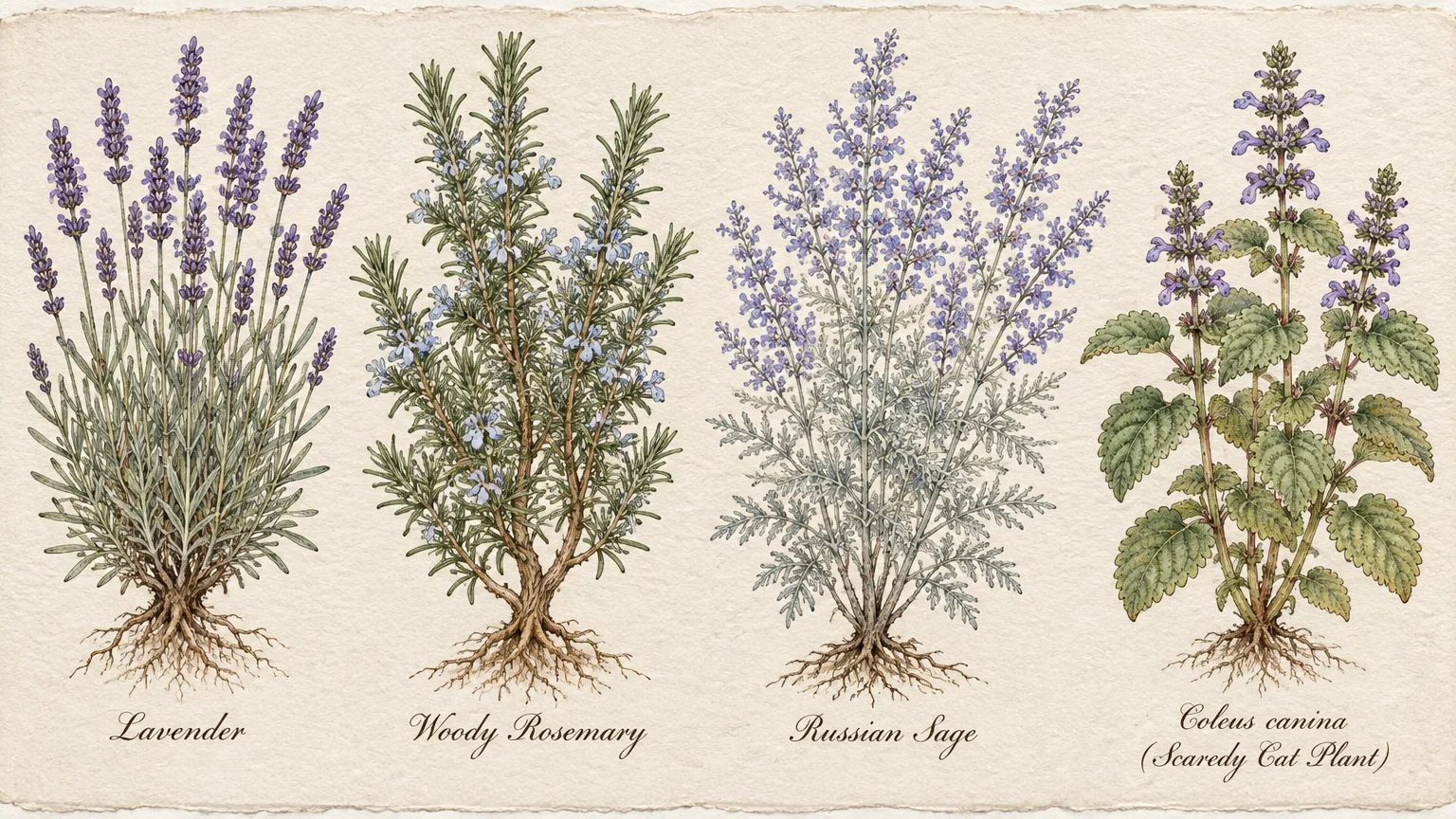 Botanical illustrations of lavender, woody rosemary, Russian sage, and Coleus canina with roots and script labels.