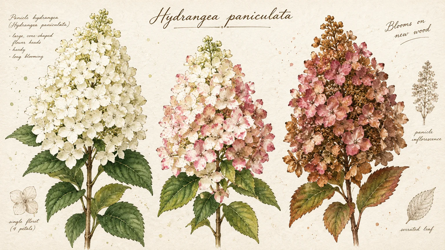 Botanical illustration showing three stages of Hydrangea paniculata blossoms transitioning from white to antique pink.