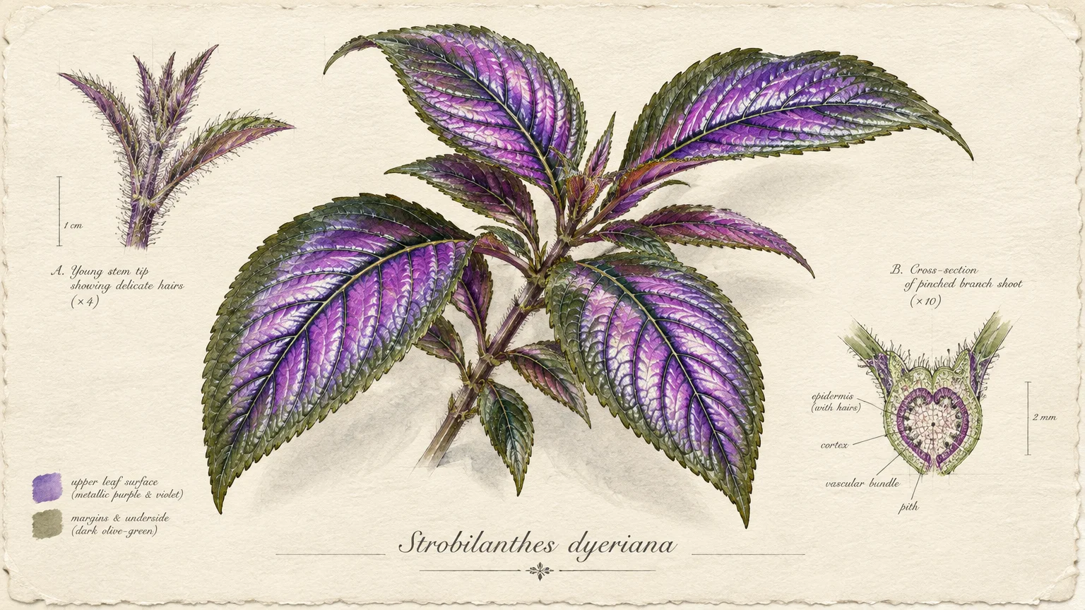Botanical illustration of Strobilanthes dyeriana with iridescent purple and green leaves, stem tip, and cross-section diagrams.
