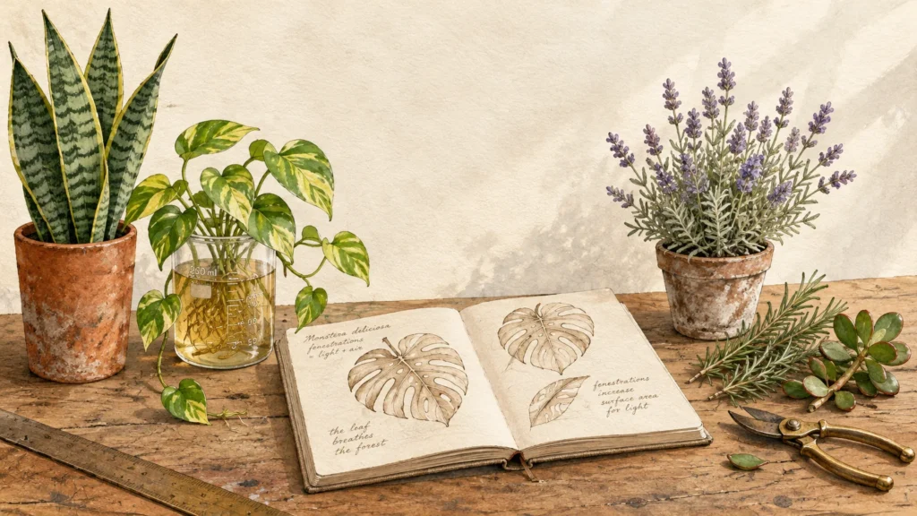 Illustration of potted plants, cuttings, botanical sketches in an open notebook, and pruning shears on a wooden table.