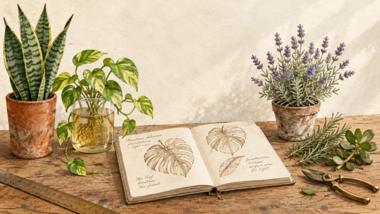 Illustration of potted plants, cuttings, botanical sketches in an open notebook, and pruning shears on a wooden table.