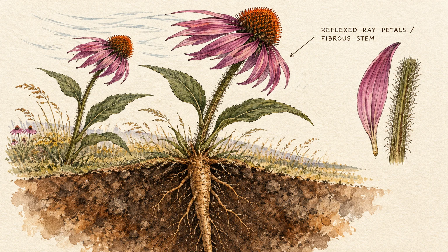 Botanical illustration of purple coneflowers showing cross section of deep taproots underground, with petal and stem details.