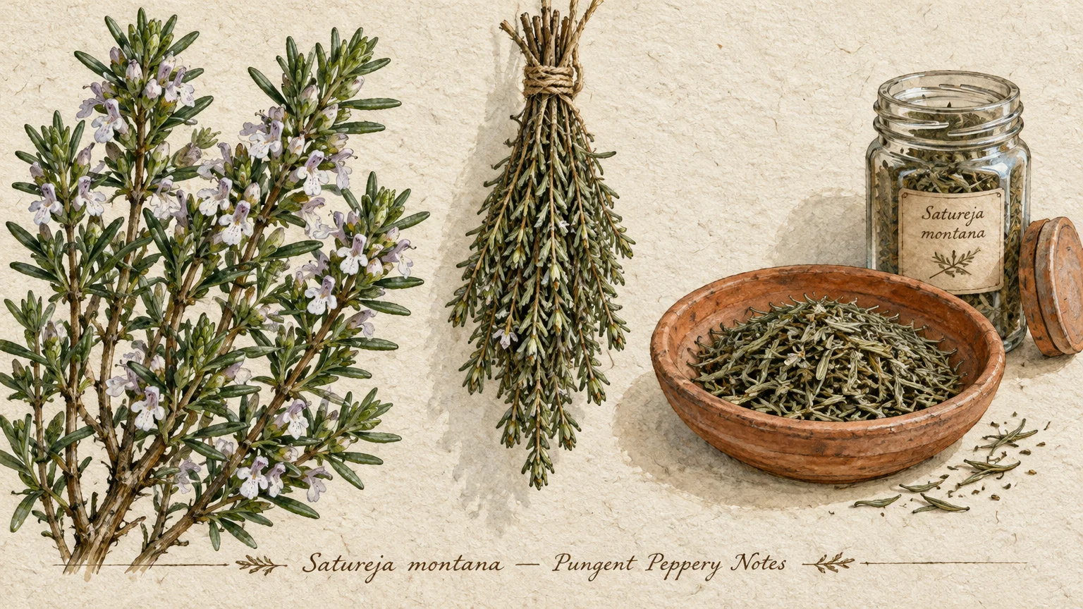 Illustration of flowering winter savory plant, a tied drying bundle, a bowl of dried needles, and a labeled glass jar.
