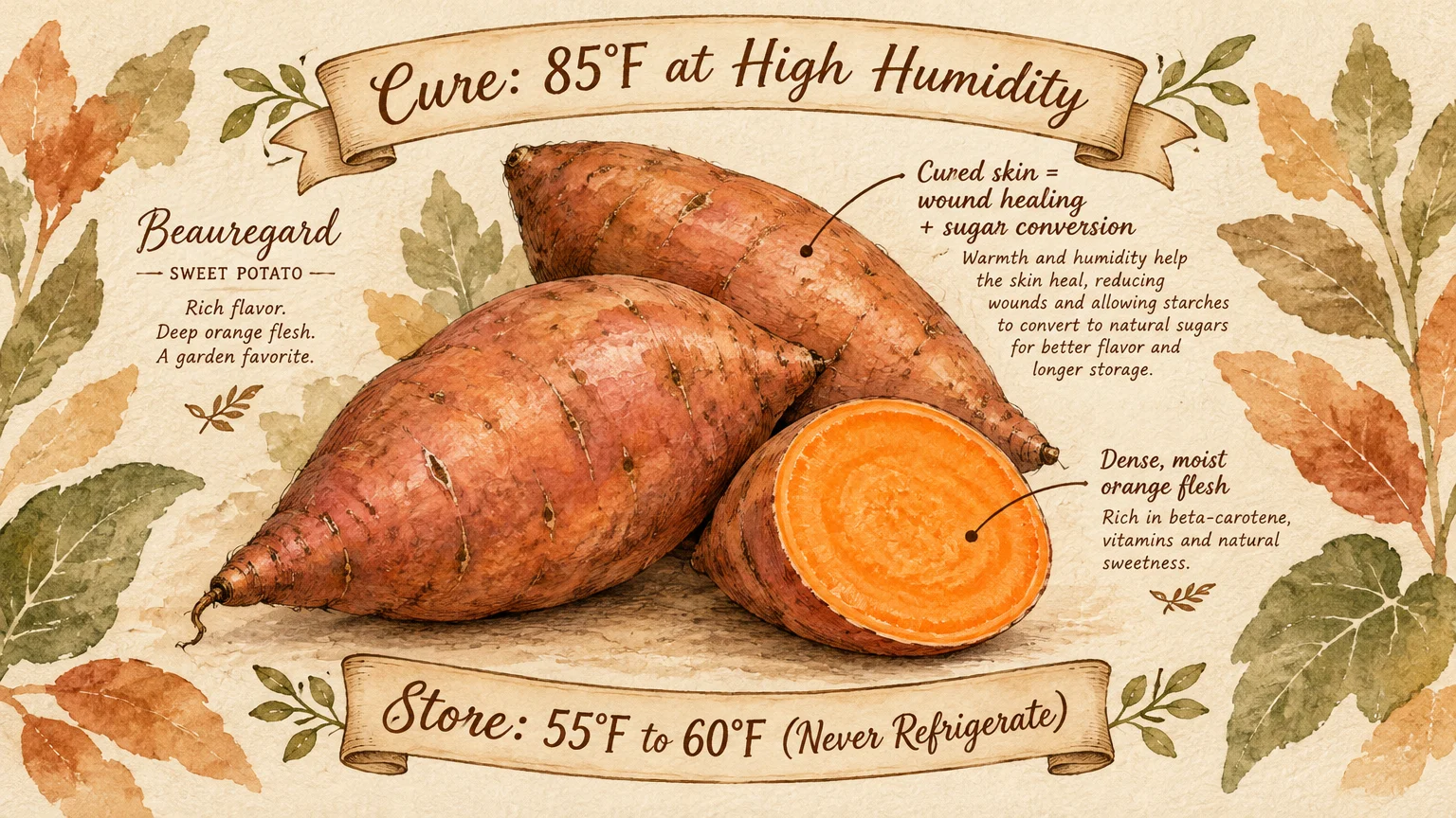 Illustrated guide featuring whole and sliced Beauregard sweet potatoes with curing and storage temperature notes on banners.