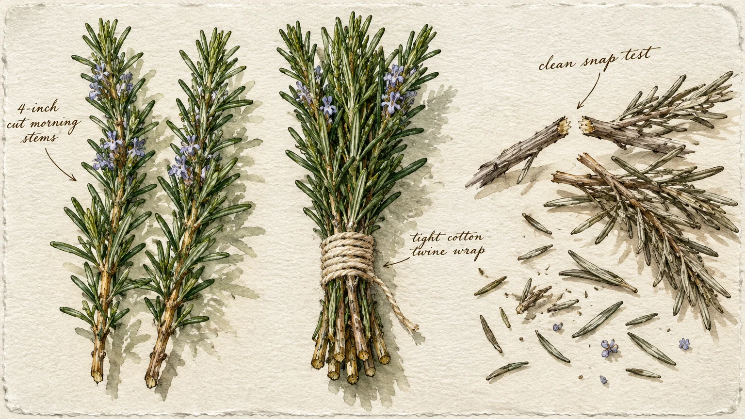 Watercolor illustration showing fresh rosemary sprigs, a bundled bouquet tied with cotton twine, and dried, snapped stems.