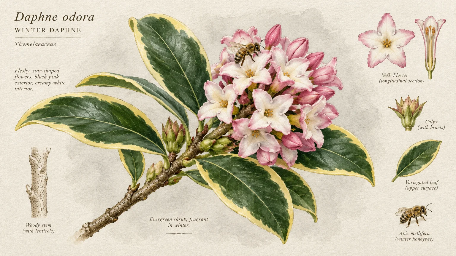 Botanical illustration of winter daphne branch with pink and white flowers, yellow-edged leaves, and anatomical details.