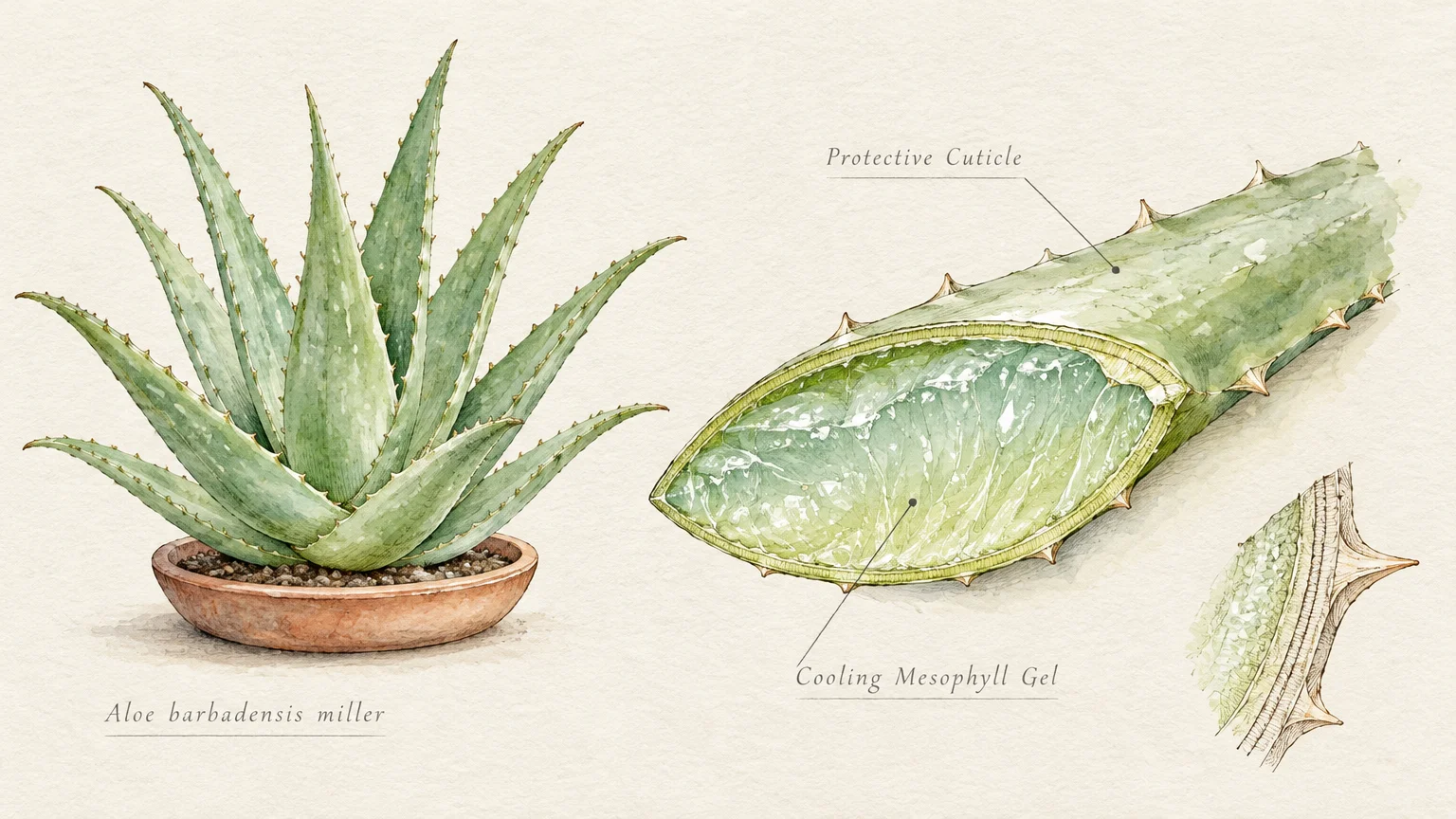 Botanical watercolor illustration of a potted aloe vera plant alongside a cross-section showing clear inner gel.