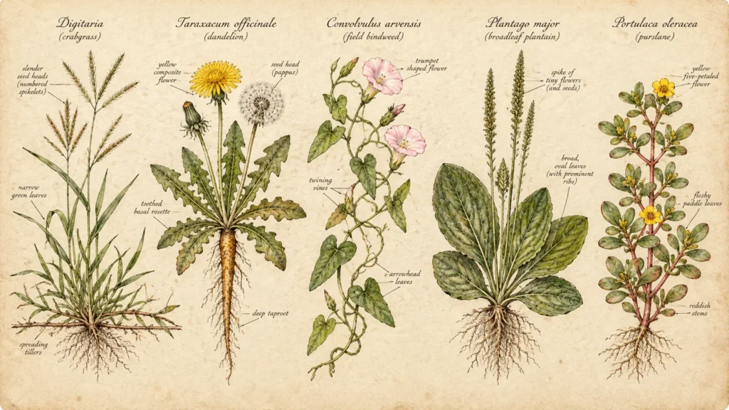 Botanical illustration of five weeds with roots: crabgrass, dandelion, field bindweed, broadleaf plantain, and purslane.