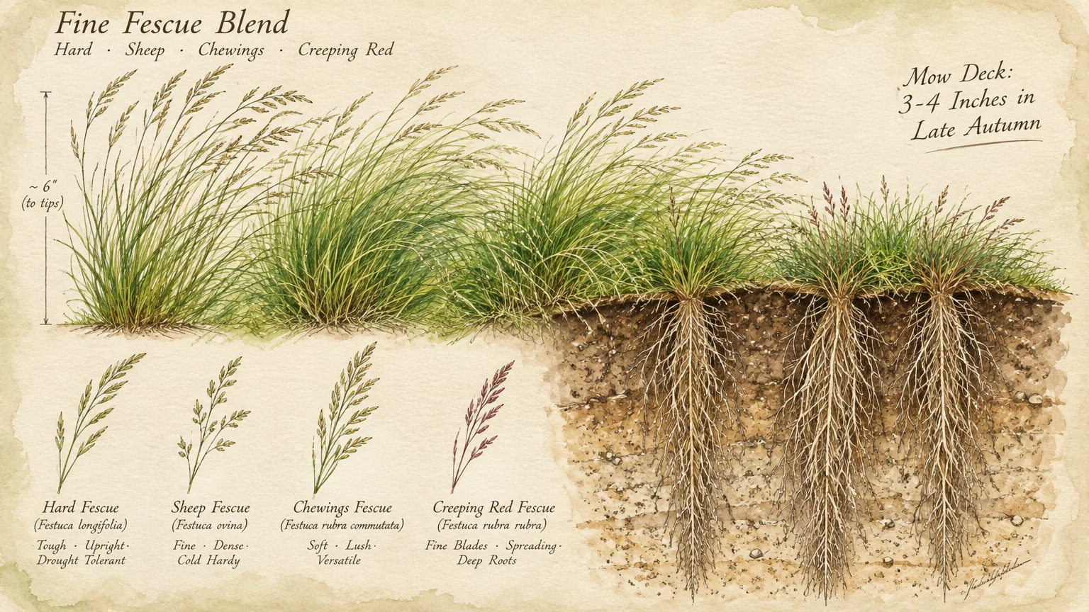 Botanical diagram showing aboveground blades, seed heads, and deep soil root systems of four fine fescue grass types.