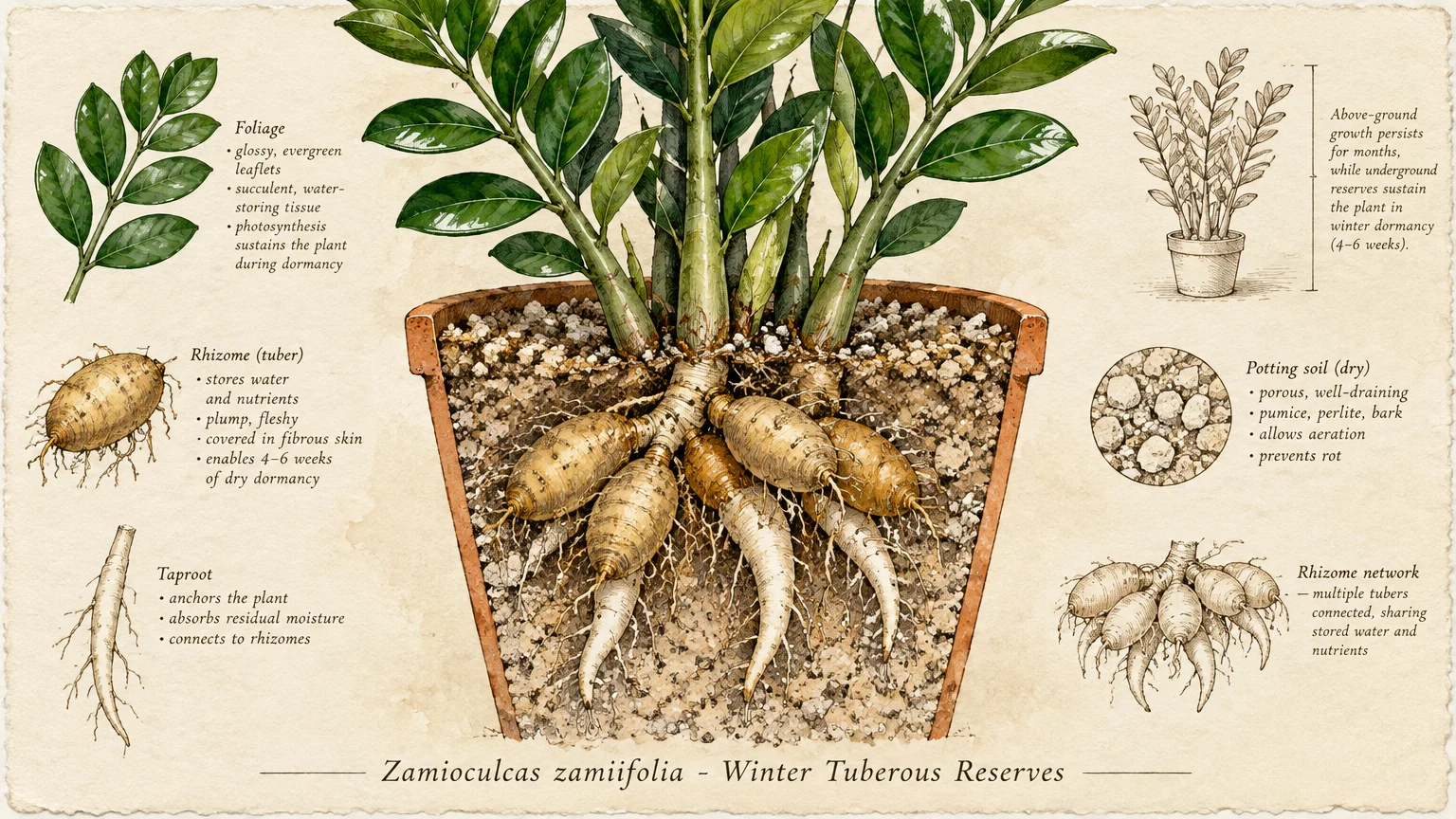 Botanical diagram of a potted ZZ plant showing cutaway roots, tuberous rhizomes, leaves, and soil details.
