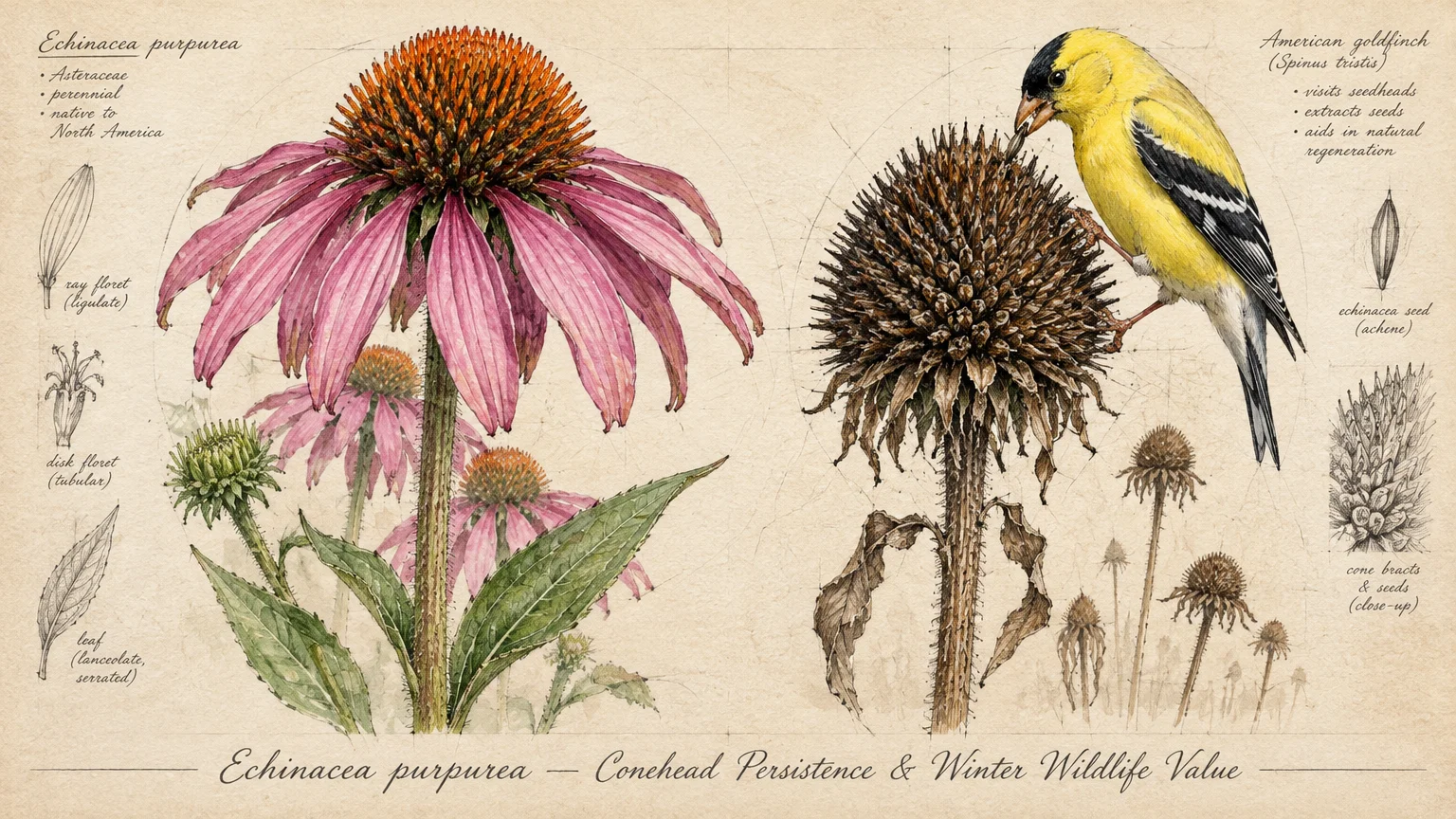 Botanical illustration of a blooming purple coneflower next to a dried seed head with a yellow goldfinch perching on it.