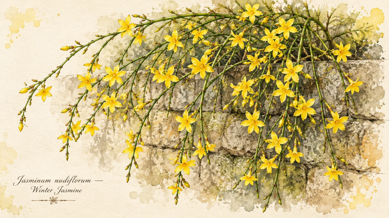 Botanical watercolor illustration of winter jasmine with yellow blossoms and green canes cascading over a stone wall.