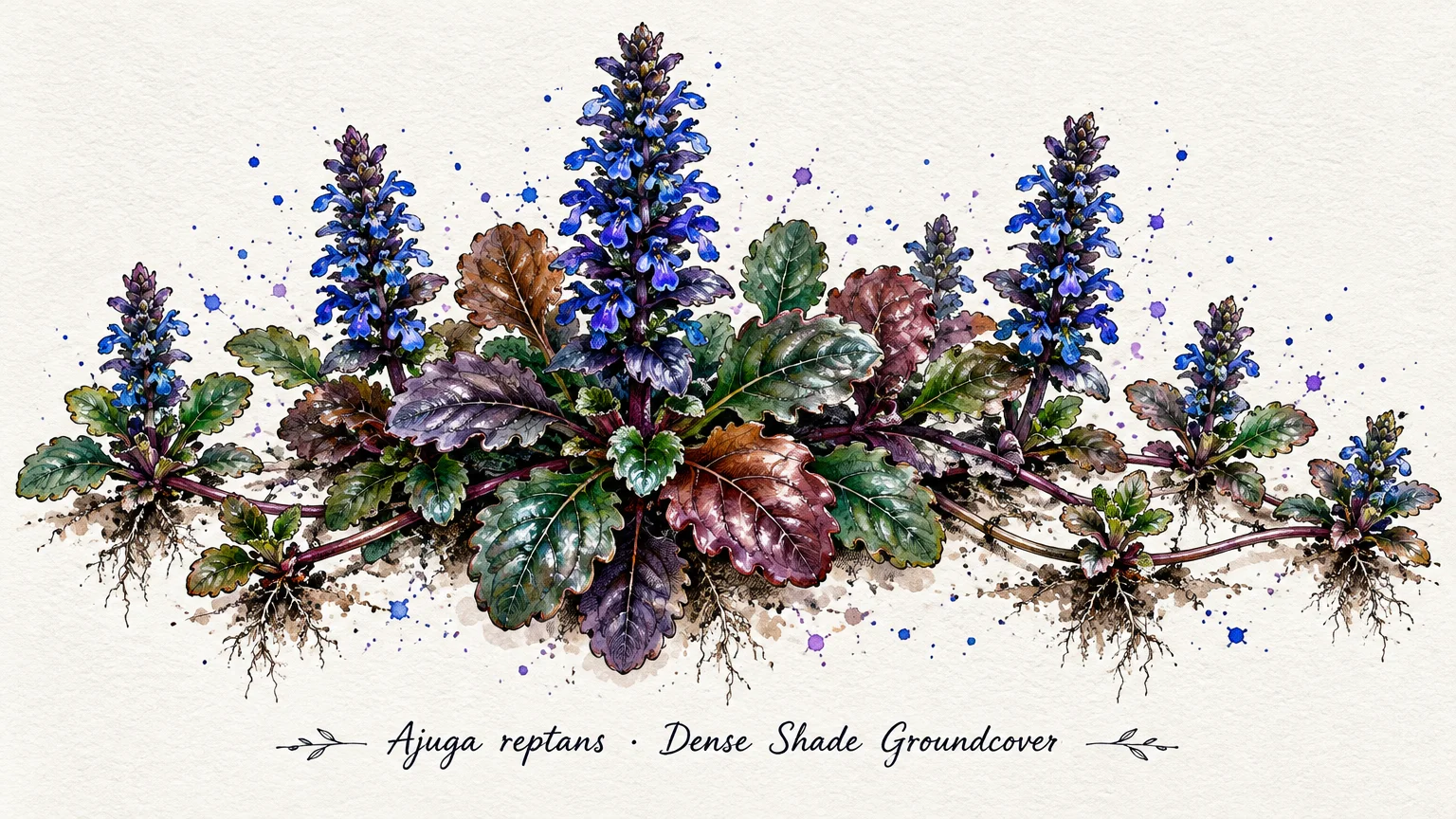 Botanical watercolor illustration of bugleweed plants with purple and green foliage, roots, and upright sapphire-blue flower spires.