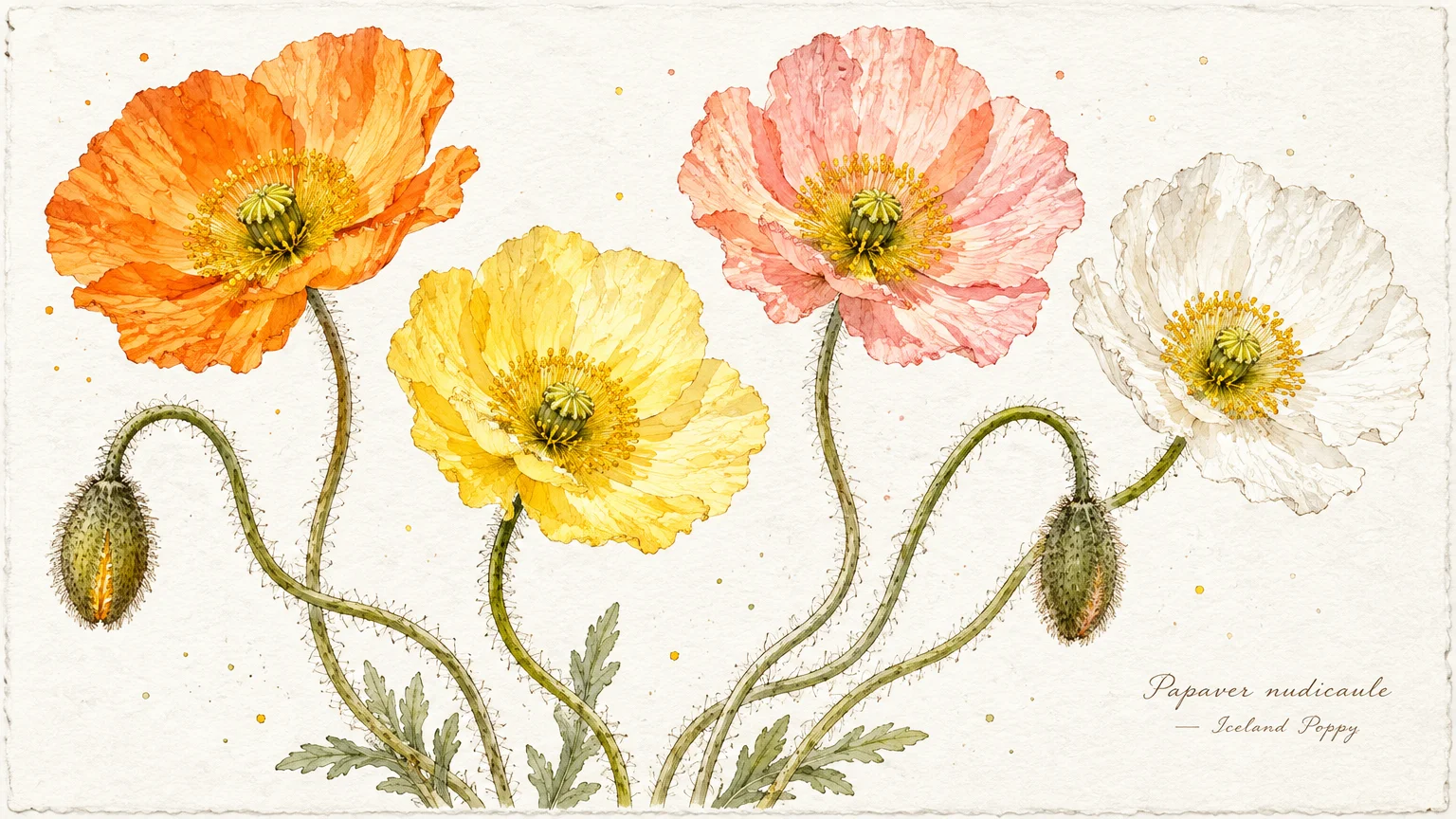 Botanical illustration of orange, yellow, salmon, and cream Iceland poppies with curved hairy stems and closed buds.