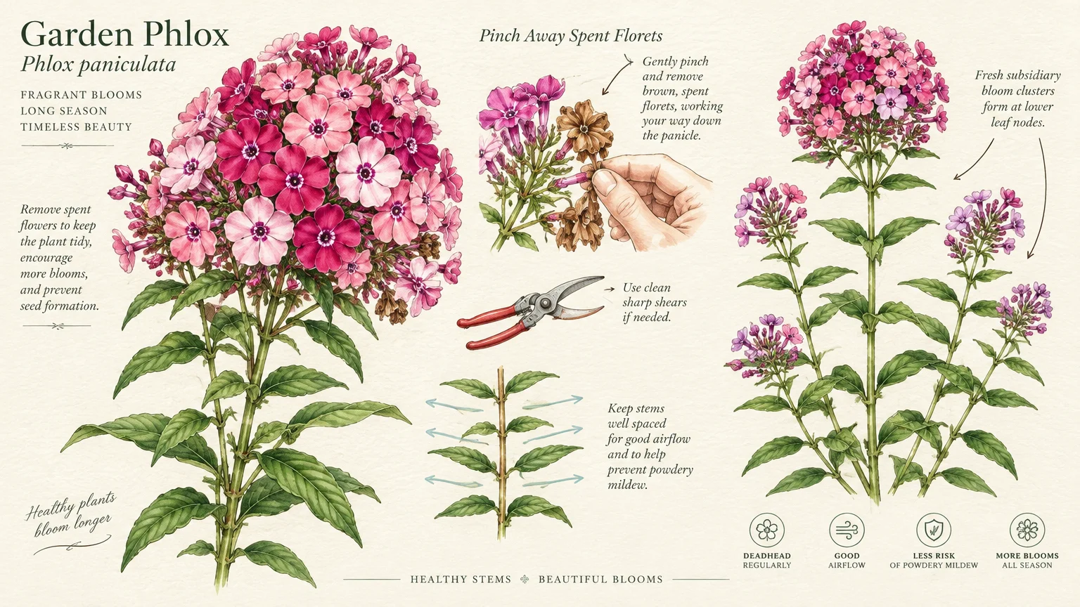 Botanical illustration showing garden phlox pruning techniques, pinching spent florets, shears, and stem airflow diagrams.