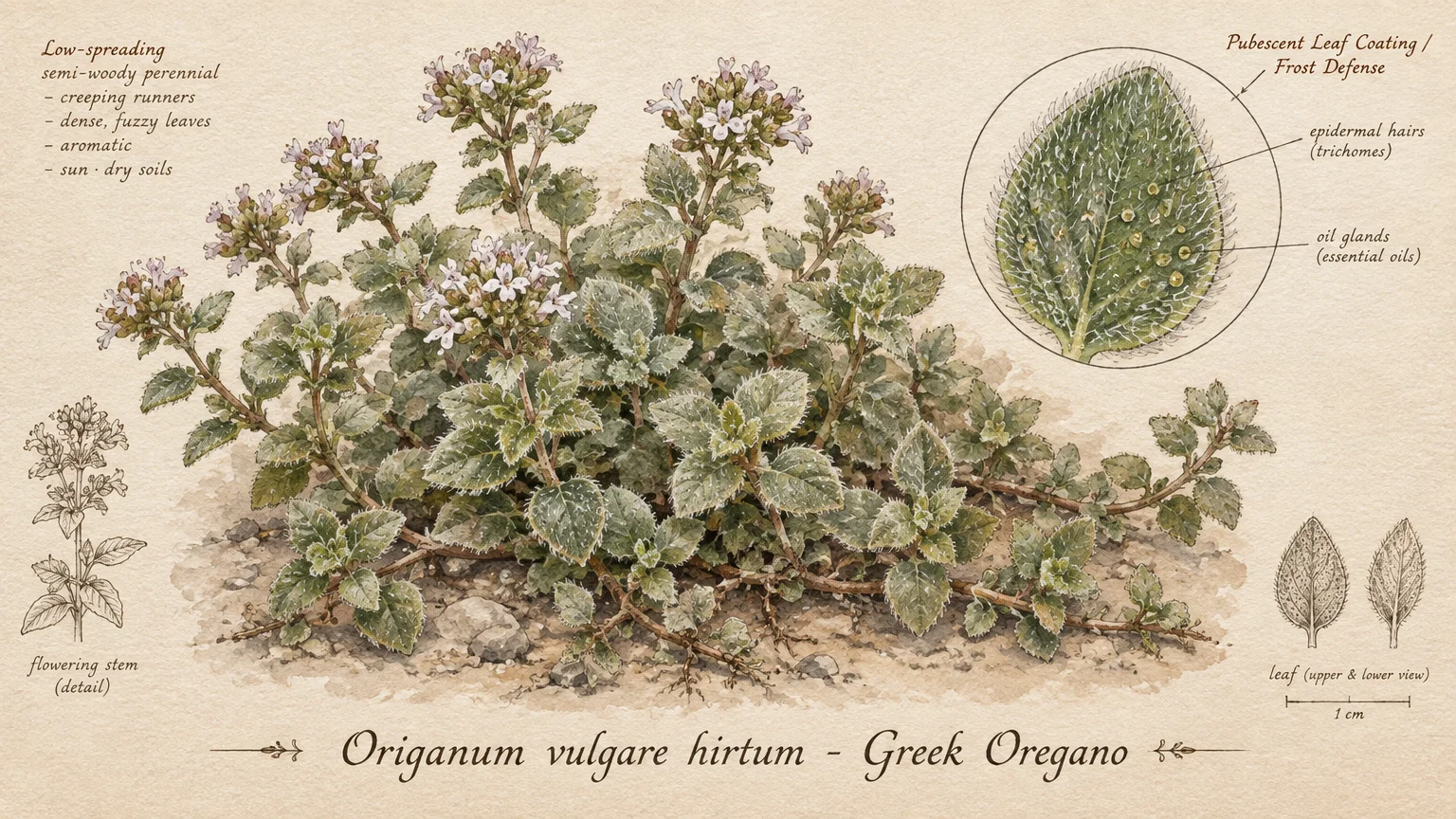 Botanical watercolor illustration of Greek oregano plant with diagrams of flowering stems and fuzzy leaves showing oil glands.