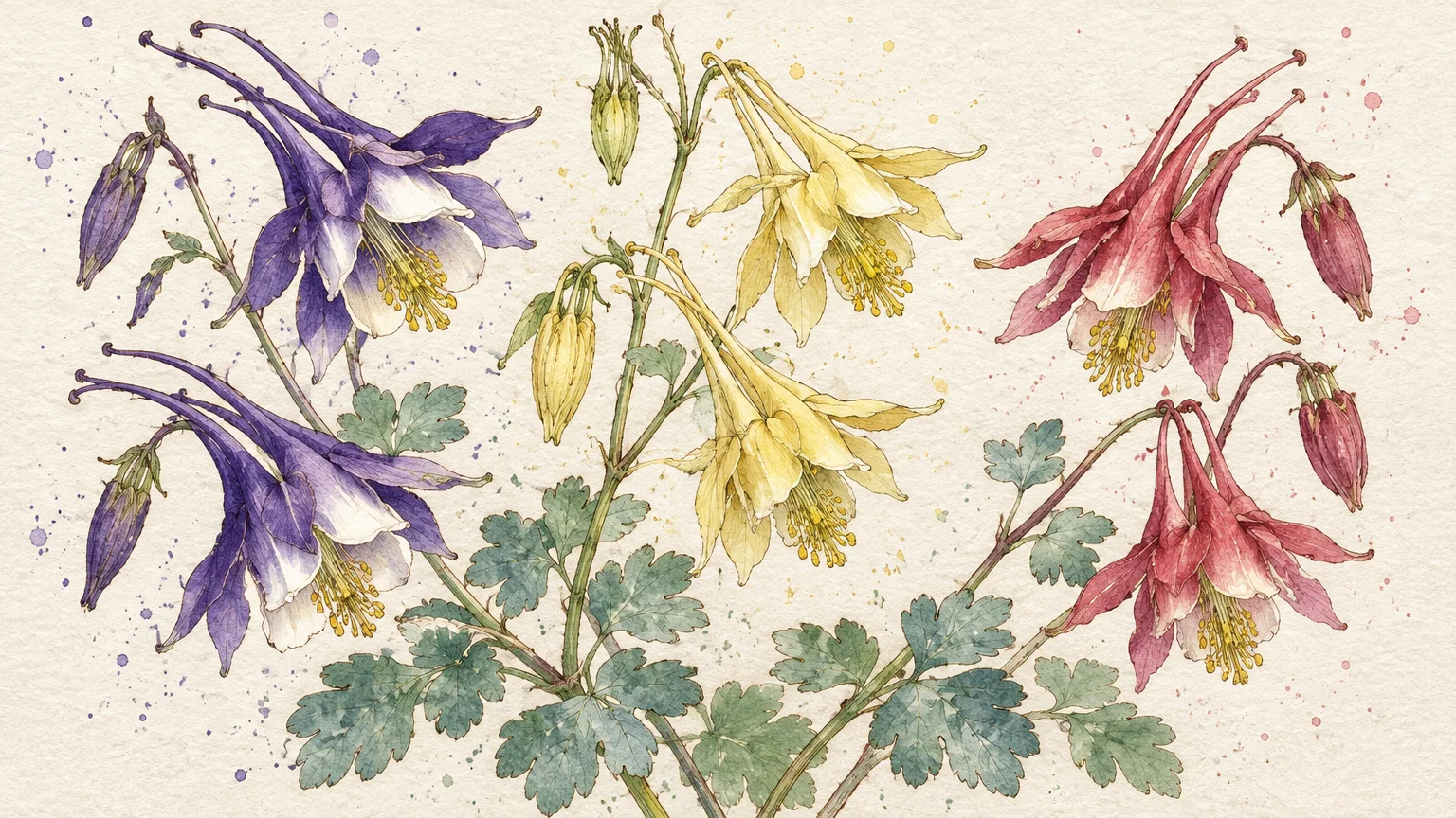 Watercolor illustration of purple, yellow, and coral columbine blossoms with scalloped leaves on textured paper.