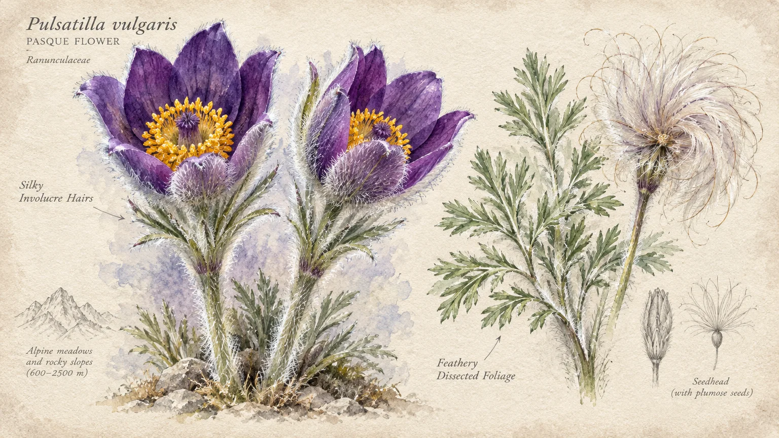 Botanical illustration of purple pasque flowers with fuzzy stems, dissected green foliage, and a feathery seed head.