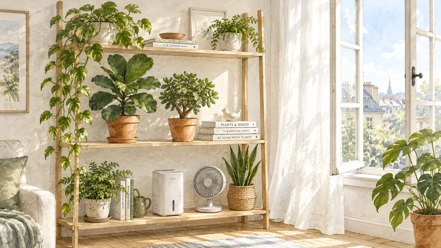 Watercolor illustration of potted houseplants, a small fan, and a dehumidifier on a wooden shelf beside an open window.