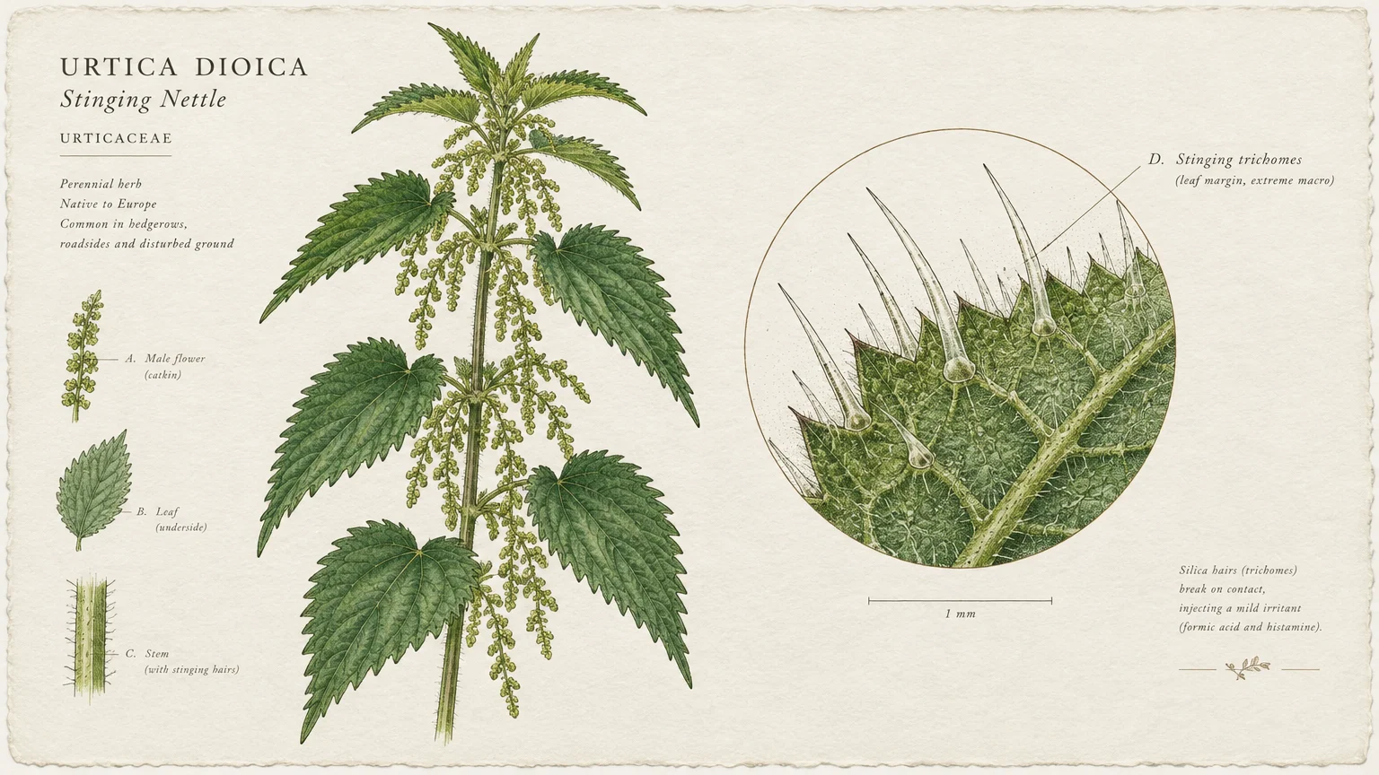 Botanical illustration of a stinging nettle plant with a circular macro diagram showing sharp stinging trichomes.