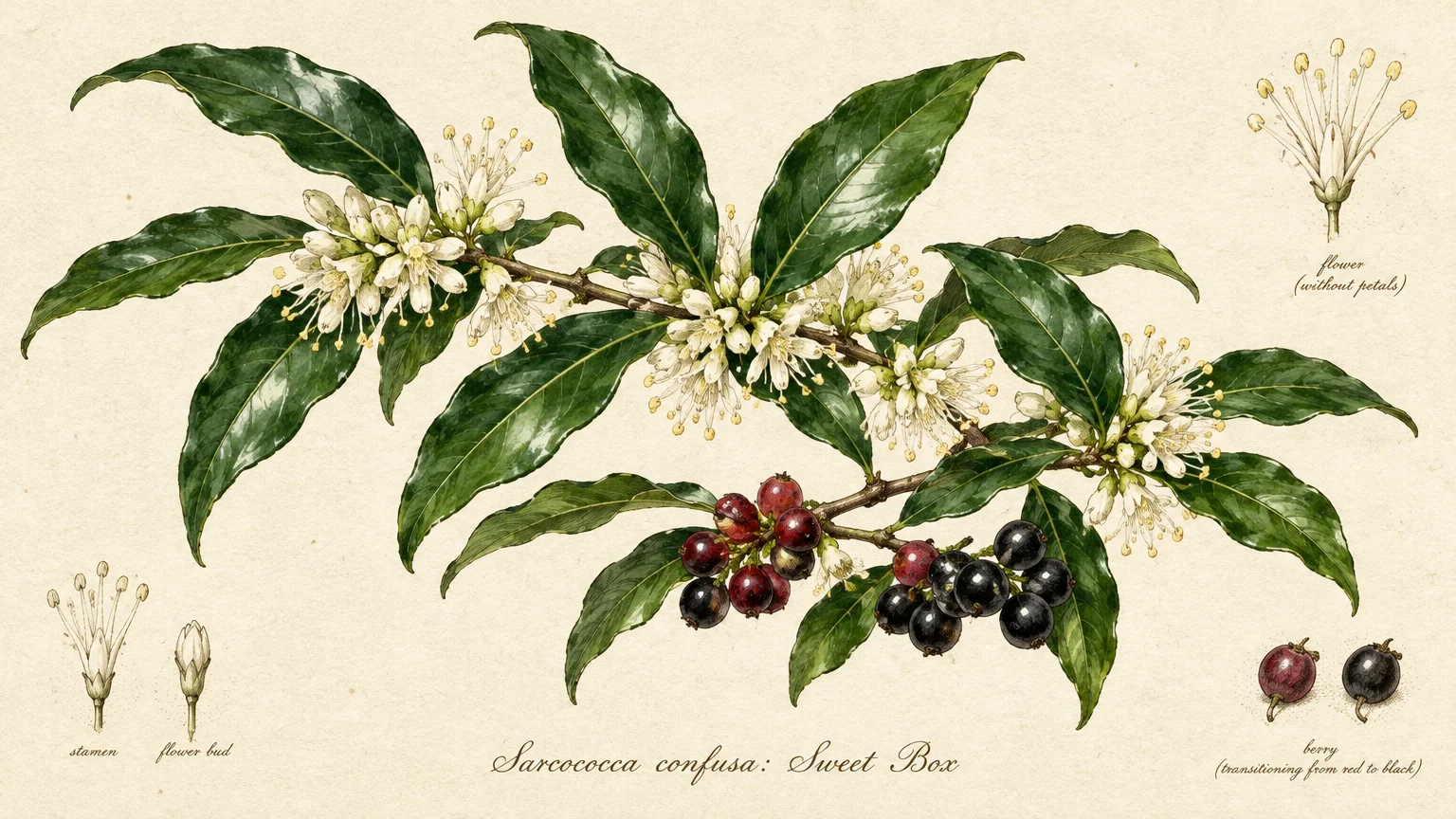 Botanical illustration of Sarcococca confusa featuring glossy green leaves, white floral clusters, and spherical black berries.