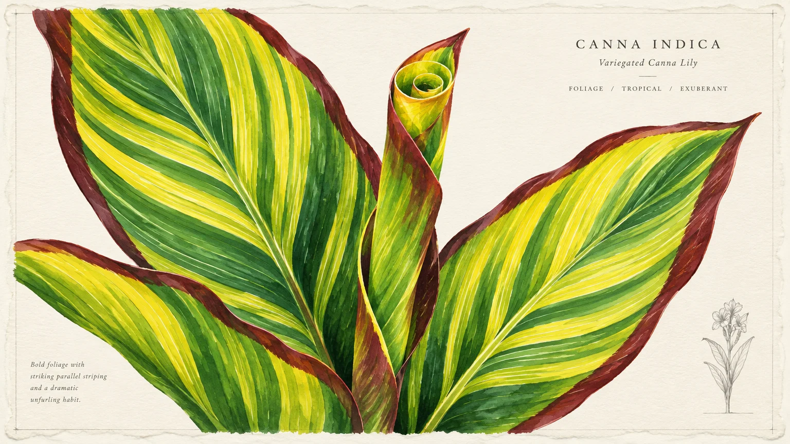 Botanical watercolor illustration of striped green, yellow, and red-edged canna lily foliage with an unfurling central leaf.
