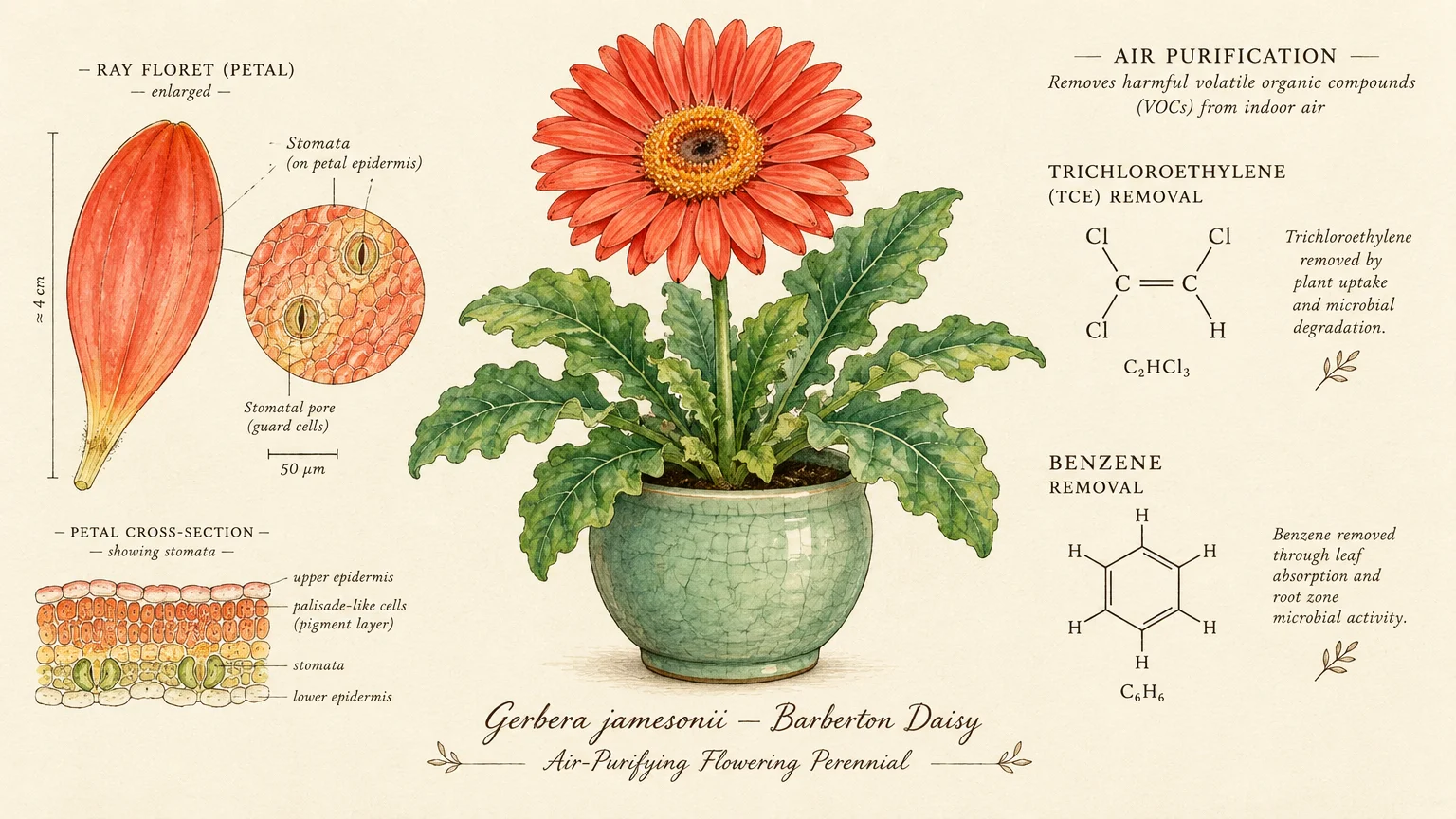 Botanical diagram of a potted Barberton daisy with diagrams of petal stomata and chemical structures of TCE and benzene.