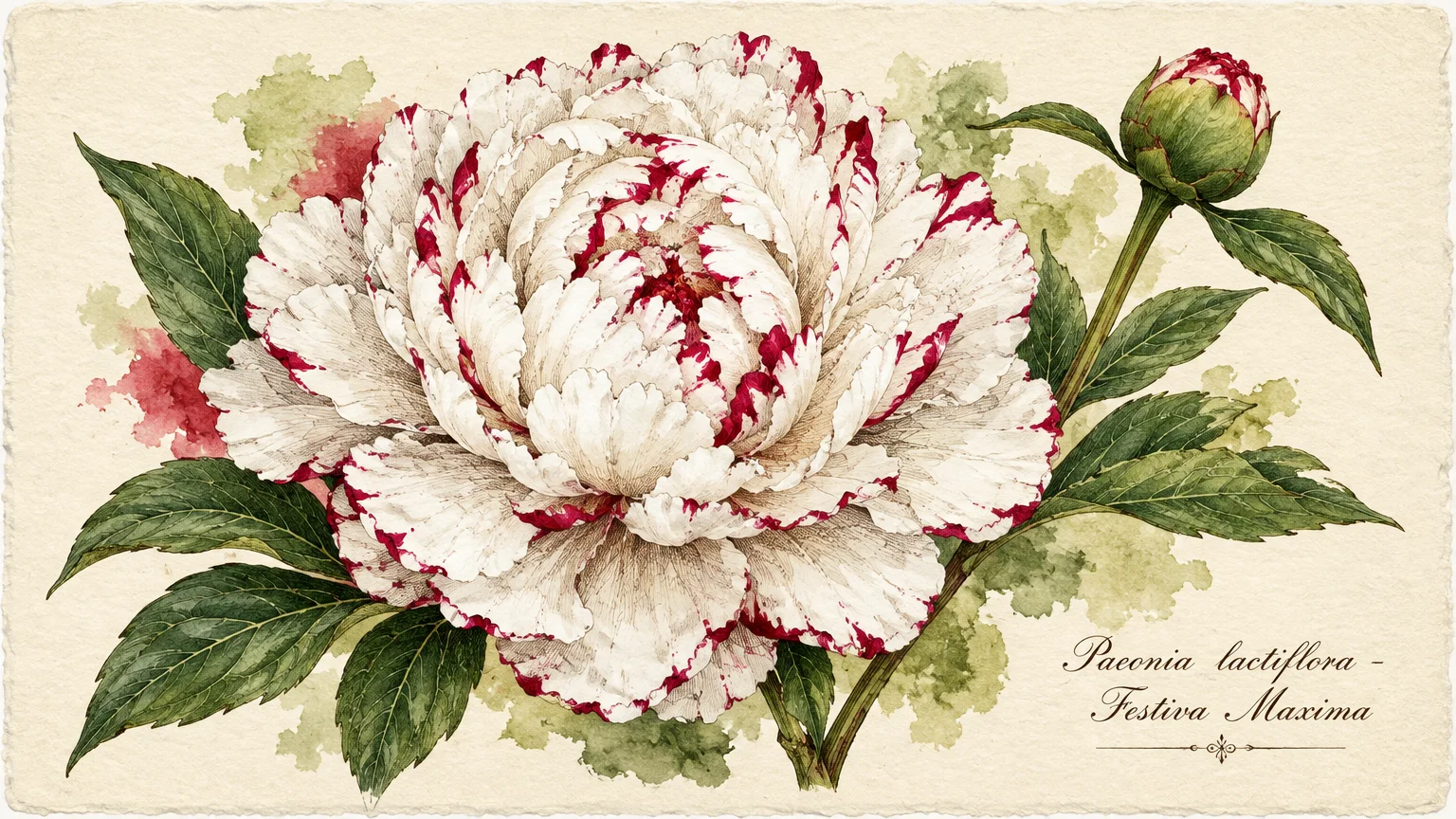 Watercolor illustration of a white peony bloom with crimson-tipped petals, green leaves, and an unopened bud on textured paper.