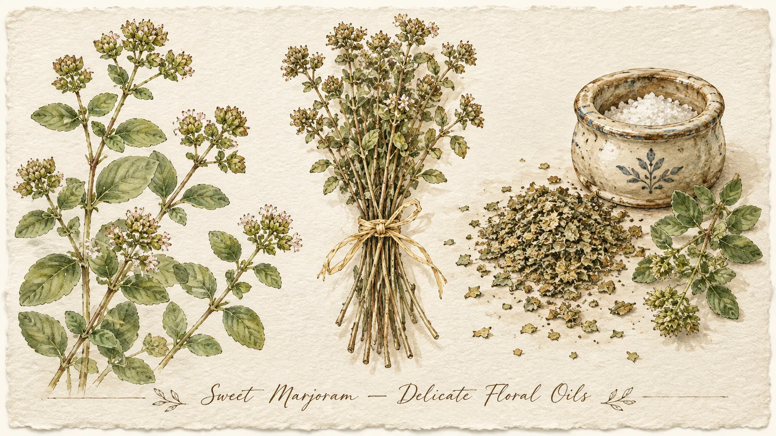 Watercolor illustration of sweet marjoram stems, a tied bundle, dried herb flakes, and a ceramic salt bowl.