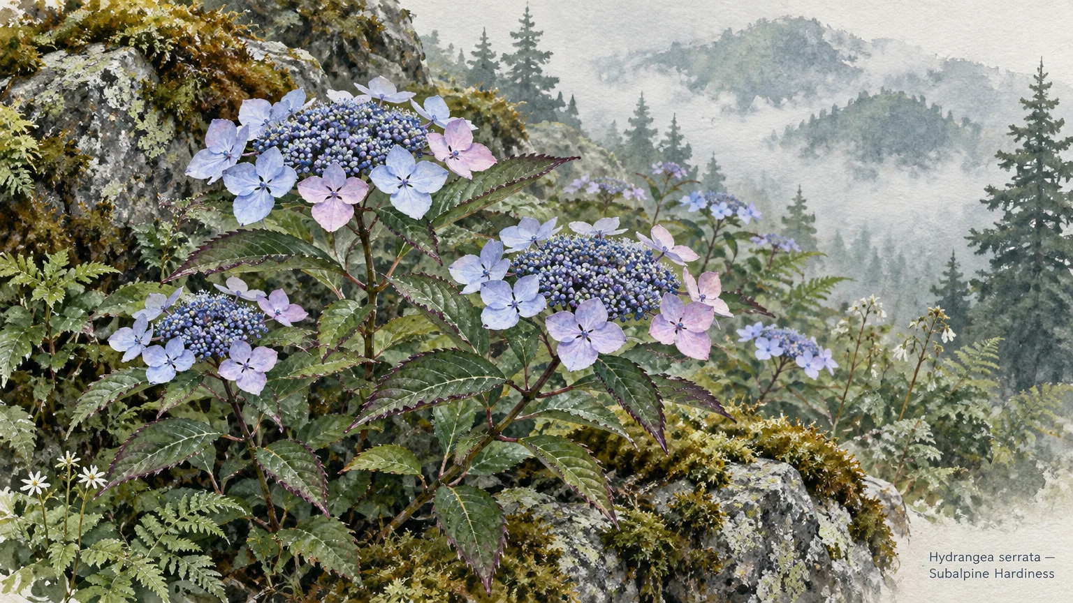 Botanical watercolor illustration of purple and blue lacecap hydrangeas growing on mossy rocks overlooking misty mountains.