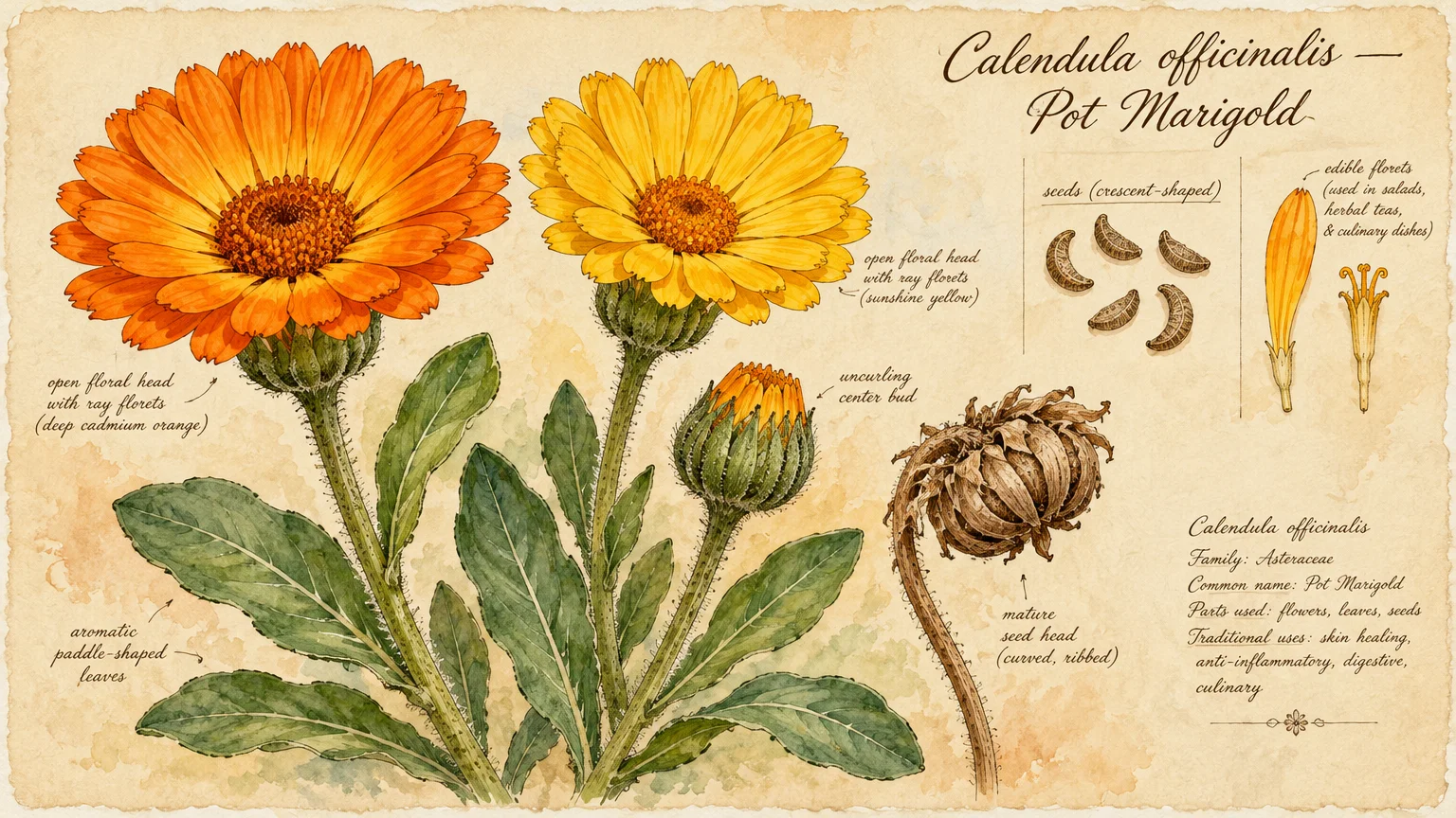 Botanical illustration of pot marigold showing orange and yellow blooms, green leaves, seed head, and seeds with labels.