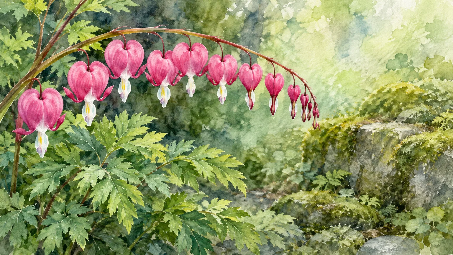 Watercolor illustration of pink bleeding heart flowers dangling from an arched stem over green leaves and mossy rocks.