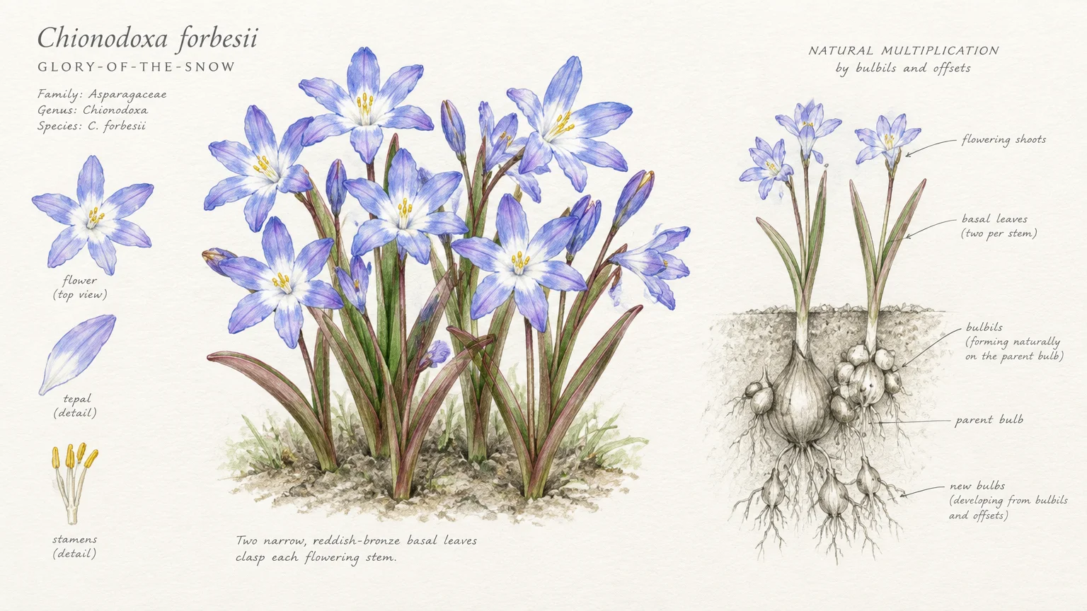 Botanical illustration of Chionodoxa forbesii showing star-shaped violet-blue flowers and underground multiplying bulbs.