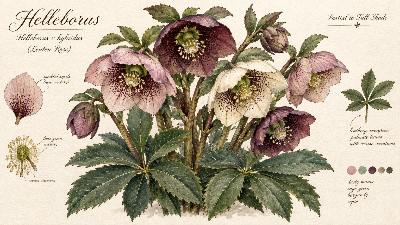 Botanical illustration of hellebore plant with speckled pink, cream, and plum flowers, green leaves, and anatomical diagrams.