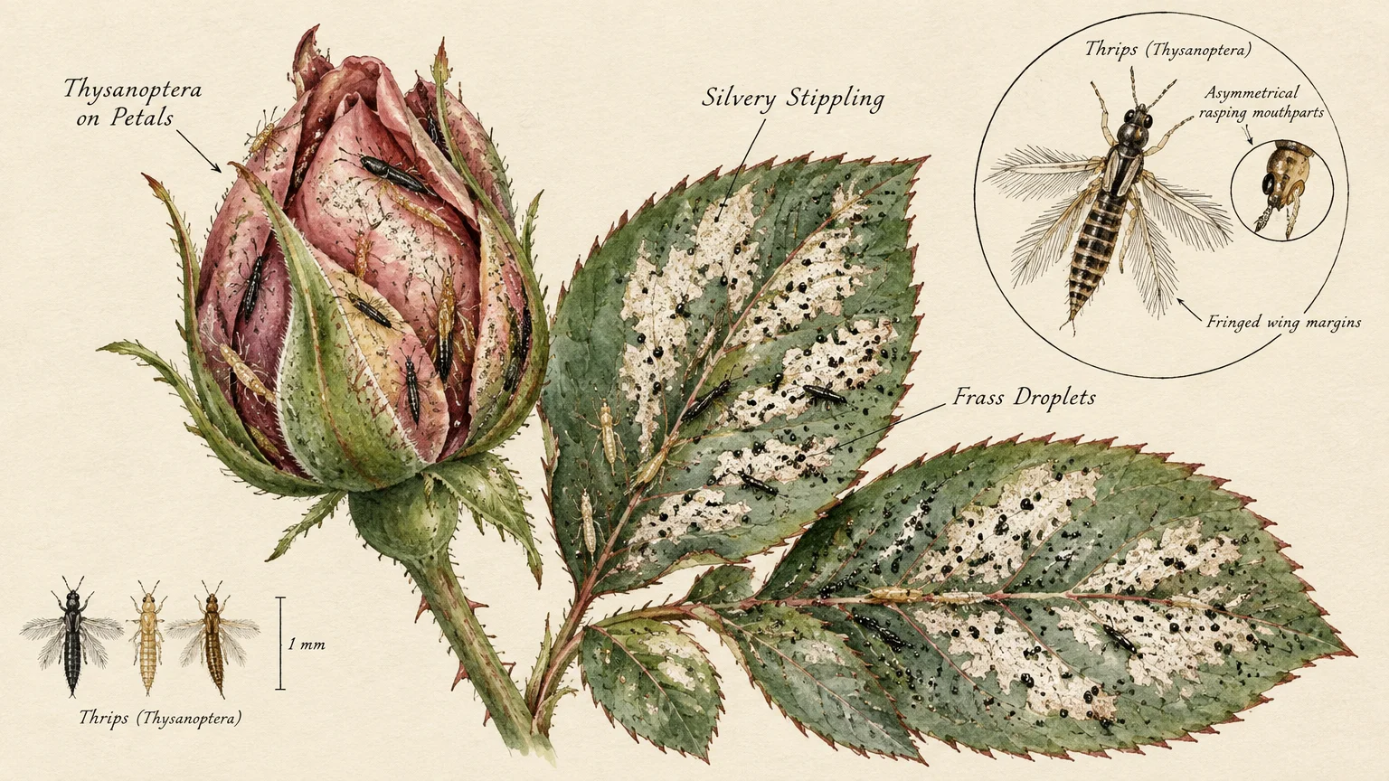 Botanical illustration of a rose bud and leaves showing thrips insects, silvery feeding patches, and black frass dots.